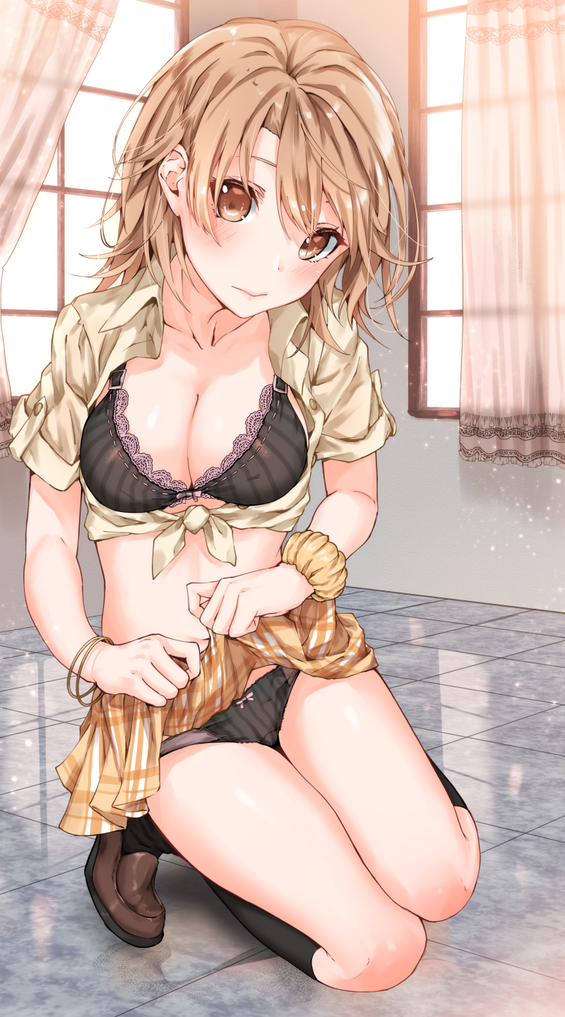 1girl bangle bangs black_bra black_legwear black_panties blush bow bow_panties bra bracelet breasts brown_eyes brown_footwear brown_hair brown_shirt cleavage closed_mouth collarbone commentary_request crop_top curtains day front-tie_top full_body head_tilt highres indoors isshiki_iroha jewelry kneehighs kneeling lace lace-trimmed_bra loafers looking_at_viewer medium_breasts midriff miniskirt orange_skirt panties reflective_floor sahara386 scrunchie shirt shoes short_hair short_sleeves sidelocks skirt skirt_lift solo tile_floor tiles unbuttoned unbuttoned_shirt underwear window wrist_scrunchie yahari_ore_no_seishun_lovecome_wa_machigatteiru. yellow_scrunchie