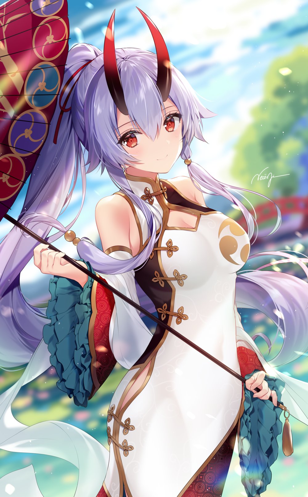 1girl bangs blue_sky blush breasts bridge china_dress chinese_clothes cleavage cleavage_cutout closed_mouth clouds cowboy_shot day detached_sleeves dress fate/grand_order fate_(series) garden hair_between_eyes hair_ribbon highres holding holding_umbrella horns large_breasts light_particles long_hair looking_at_viewer multi-tied_hair necomi oni_horns oriental_umbrella outdoors ponytail red_eyes ribbon side_slit signature silver_hair sky smile solo tied_hair tomoe_gozen_(fate/grand_order) umbrella very_long_hair water white_dress wide_sleeves
