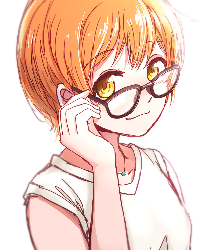 1girl :3 bespectacled enso_(ensoooclcl) eyebrows_visible_through_hair glasses hoshizora_rin jewelry looking_at_viewer looking_over_eyewear love_live! love_live!_school_idol_project necklace orange_hair shirt short_hair simple_background solo upper_body white_background white_shirt yellow_eyes