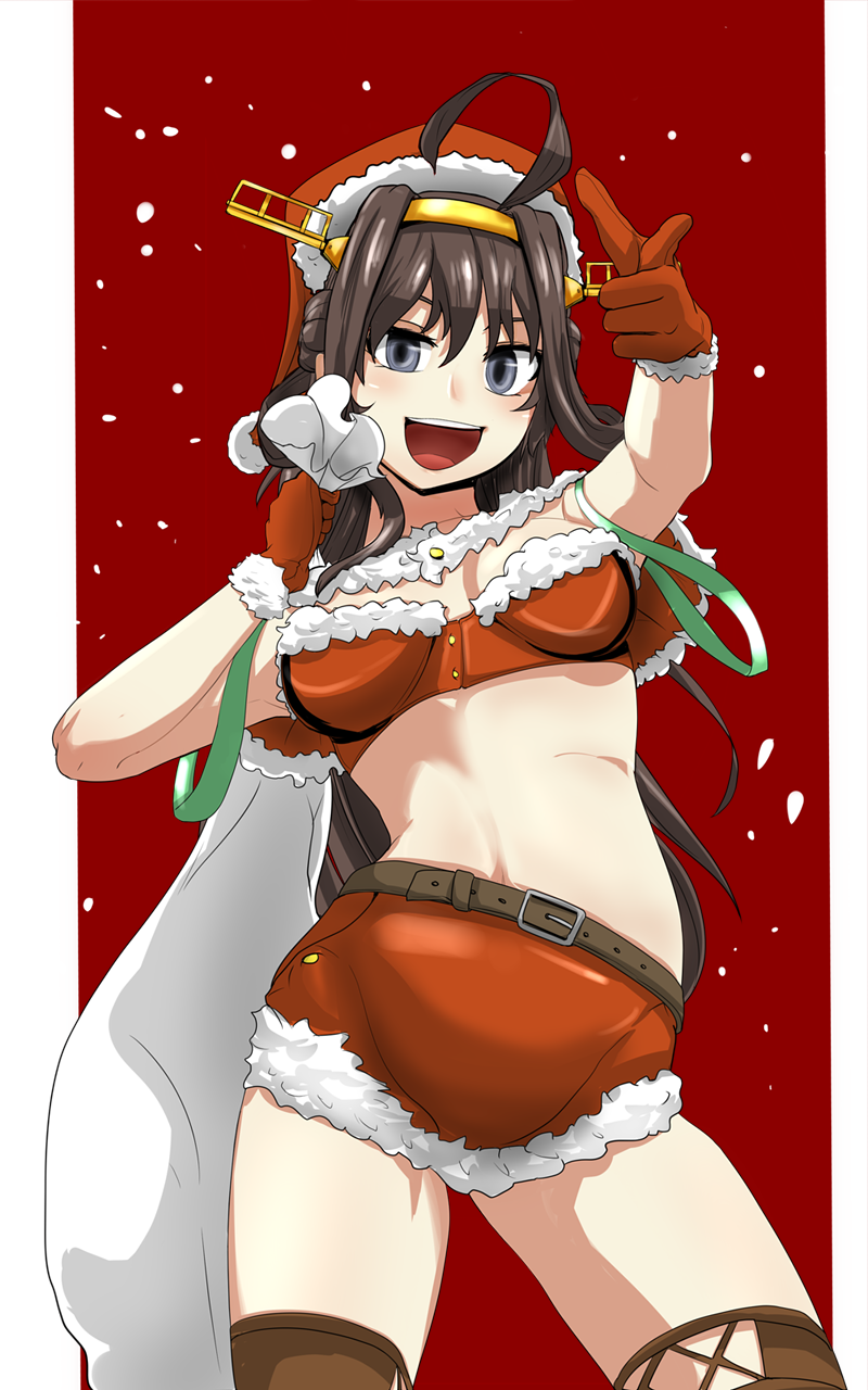 1girl :d belt breasts brown_hair brown_legwear capelet cleavage gloves grey_eyes hat headgear highres kantai_collection kongou_(kantai_collection) long_hair looking_at_viewer medium_breasts midriff navel open_mouth pointing pointing_at_viewer red_gloves sack santa_costume santa_hat smile snowing solo teeth thigh-highs yaruku