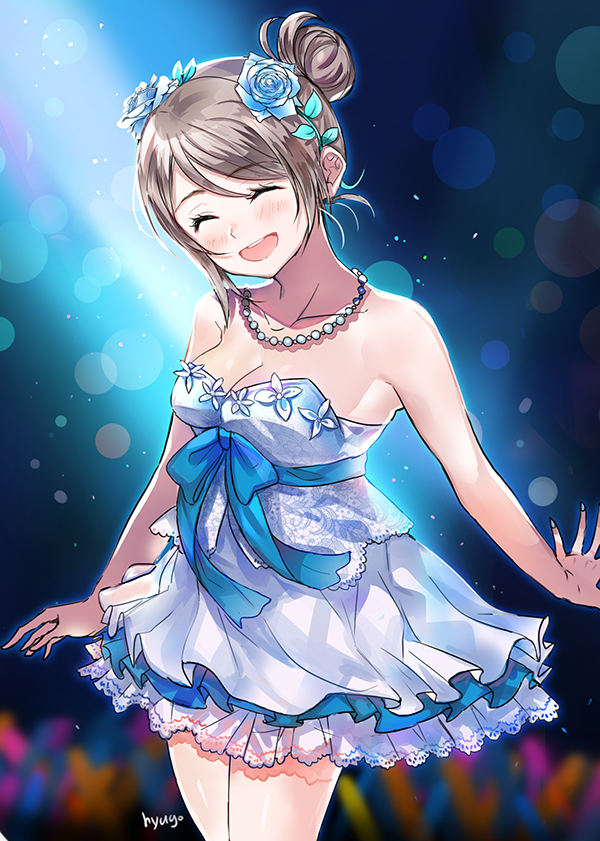 1girl ^_^ alternate_hairstyle artist_name blue_flower blue_ribbon blue_rose blurry blurry_background blush bokeh breasts cleavage closed_eyes closed_eyes collarbone cowboy_shot depth_of_field dress flower glowstick grey_hair hair_bun hair_flower hair_ornament hyugo jewelry love_live! love_live!_sunshine!! medium_breasts necklace open_mouth ribbon rose smile solo strapless strapless_dress thank_you_friends!! watanabe_you white_dress