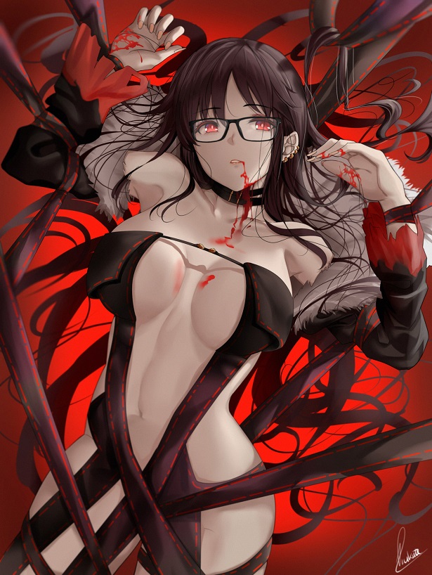 1girl bangs black_dress black_jacket blood blood_from_mouth breasts brown_hair choker collarbone consort_yu_(fate) dress fate/grand_order fate_(series) fur_trim glasses hips jacket large_breasts long_hair looking_at_viewer navel open_clothes open_jacket parted_lips piukute062 red_eyes solo strapless strapless_dress thighs very_long_hair