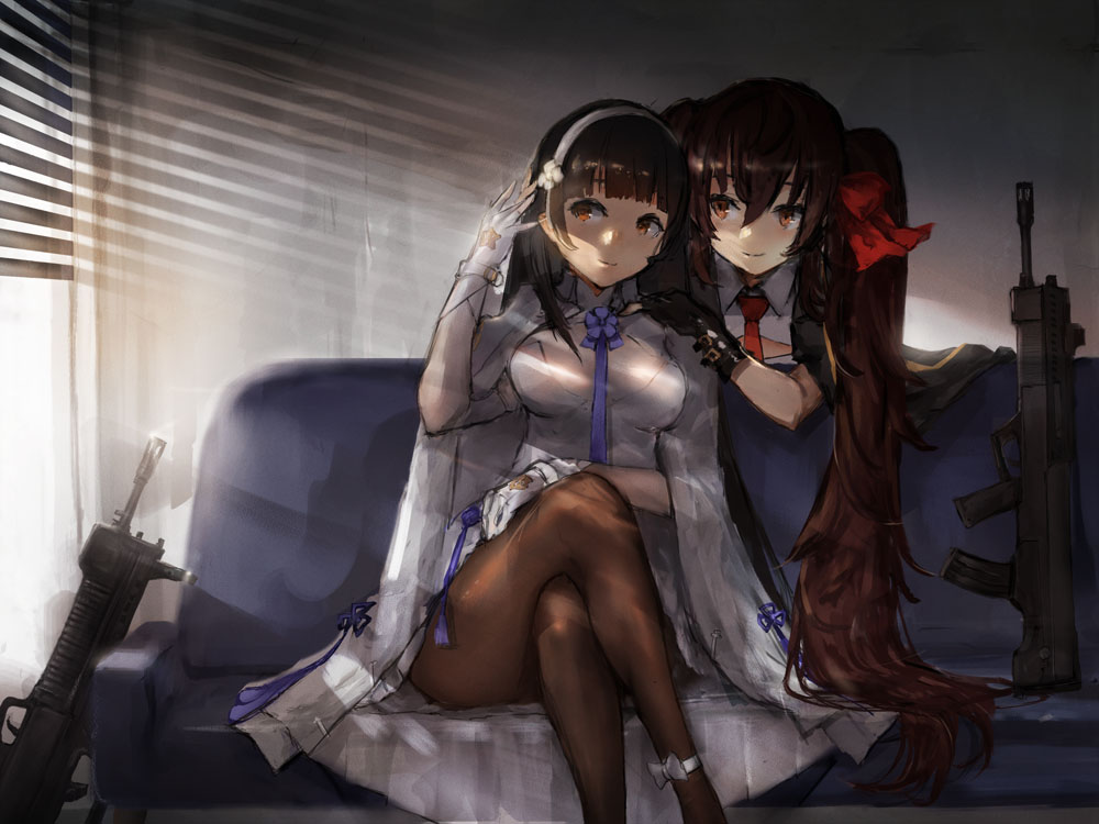 2girls assault_rifle bangs black_hair black_legwear blinds blush breasts brown_eyes brown_hair bullpup cape cleavage closed_mouth double-breasted eyebrows_visible_through_hair flower girls_frontline gloves gun hair_between_eyes hair_flower hair_ornament hair_ribbon hairband hand_up indoors large_breasts leaning_forward legs_crossed long_hair looking_at_another looking_at_viewer multiple_girls necktie pantyhose pleated_skirt qbz-95 qbz-95_(girls_frontline) qbz-97_(girls_frontline) ribbon rifle shirt sitting skirt smile sunlight toka_(marchlizard) twintails underbust very_long_hair weapon white_gloves white_hairband white_shirt white_skirt window yellow_eyes