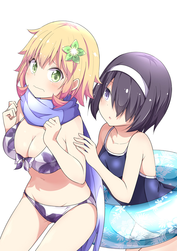 2girls ass_visible_through_thighs bikini black_hair blonde_hair blue_scarf blush breasts chisaki_tapris_sugarbell clenched_hands closed_mouth collarbone floral_print from_side frown furrowed_eyebrows gabriel_dropout green_eyes hair_ornament hair_over_one_eye innertube kurona_mei large_breasts leaning_forward looking_at_another looking_at_viewer multiple_girls official_art one-piece_swimsuit parted_lips purple_bikini scarf short_hair simple_background swimsuit ukami violet_eyes wavy_mouth white_background