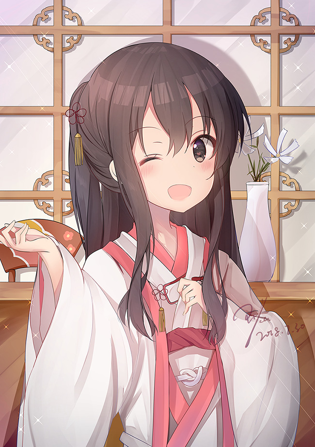 1girl ;d bangs black_eyes black_hair blush commentary_request dated flower glint hair_ornament hand_on_own_chest hand_up heart heart-shaped_pupils japanese_clothes kimono long_hair long_sleeves looking_at_viewer one_eye_closed one_side_up open_mouth original rika_(mikunopantsu) shadow sidelocks signature smile solo symbol-shaped_pupils tareme tassel upper_body vase white_flower white_kimono wide_sleeves