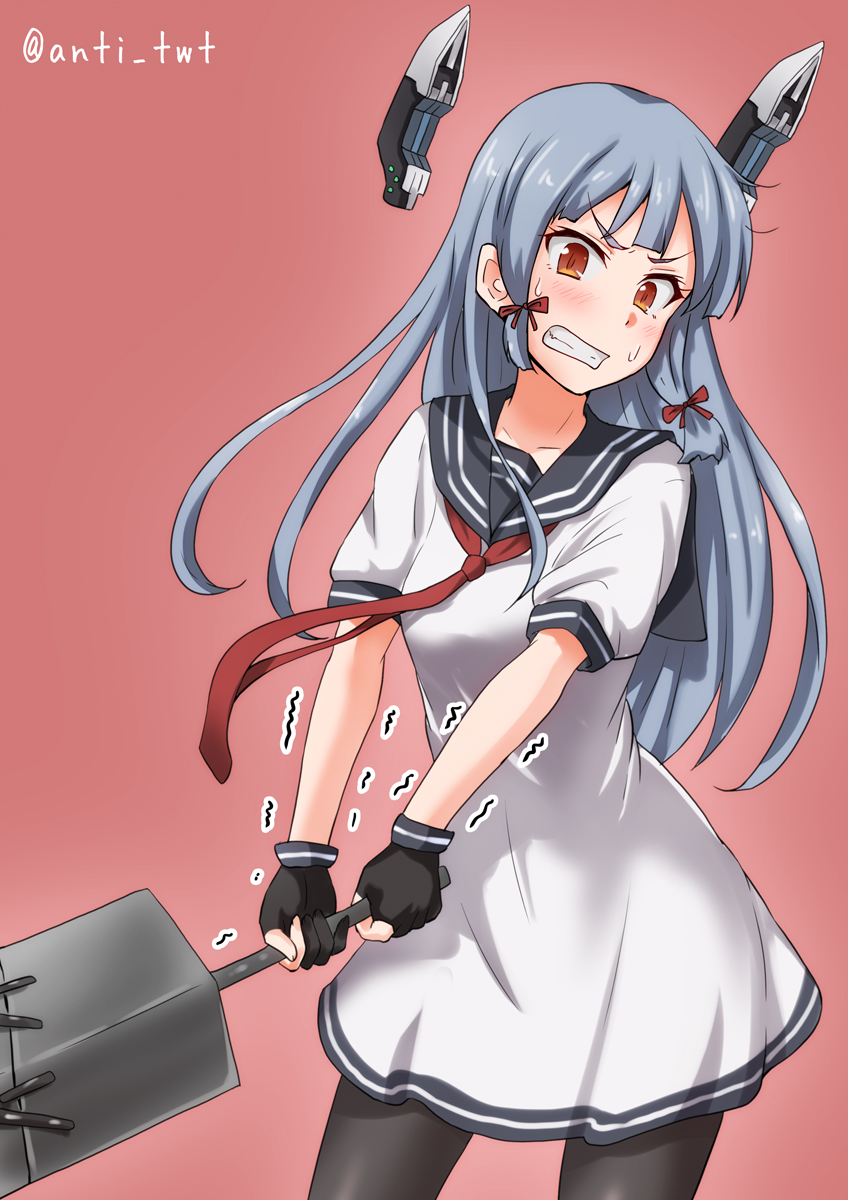 1girl angry anti_(untea9) bangs black_gloves black_legwear blunt_bangs commentary_request cowboy_shot dress fingerless_gloves gloves grey_hair hair_ribbon headgear highres kantai_collection long_hair murakumo_(kantai_collection) necktie orange_eyes pantyhose red_background red_neckwear ribbon sailor_dress sidelocks simple_background solo standing sword trembling tress_ribbon twitter_username weapon