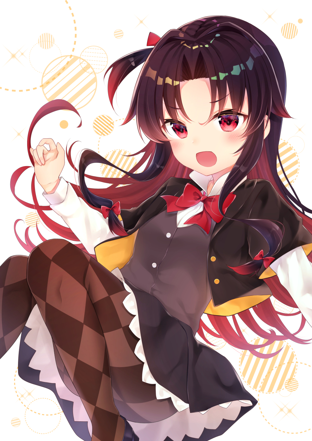 1girl :d argyle argyle_legwear bangs black_jacket black_skirt bow brown_hair brown_legwear brown_vest collared_shirt commentary_request cropped_legs eyebrows_visible_through_hair gradient_hair gyozanuko hair_between_eyes hair_bow highres jacket long_hair long_sleeves looking_at_viewer multicolored_hair one_side_up open_mouth pantyhose pleated_skirt red_bow red_eyes redhead ryuuou_no_oshigoto! shirt skirt smile solo very_long_hair vest white_shirt yashajin_ai