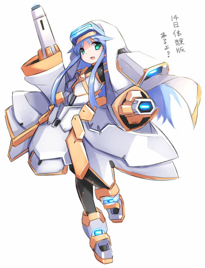 1girl :d arm_cannon bal-bados blue_hair full_body glowing green_eyes index karukan_(monjya) long_hair looking_at_viewer mecha_musume open_mouth simple_background smile solo standing standing_on_one_leg to_aru_majutsu_no_index to_aru_majutsu_no_virtual-on translation_request virtual_on weapon white_background