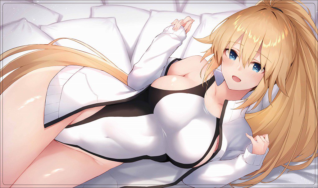 1girl anza_tomo bangs bare_shoulders blush breasts collarbone competition_swimsuit covered_navel fate/grand_order fate_(series) hair_between_eyes highleg highleg_swimsuit hips jacket jeanne_d'arc_(fate)_(all) jeanne_d'arc_(swimsuit_archer) large_breasts long_hair long_sleeves looking_at_viewer one-piece_swimsuit open_clothes open_jacket open_mouth ponytail smile solo swimsuit thighs very_long_hair white_jacket white_swimsuit