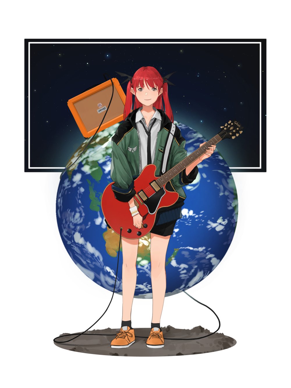 1girl black_bow black_legwear black_neckwear black_shorts bow brown_eyes brown_footwear closed_mouth collared_shirt commentary_request earth green_jacket guitar hair_bow highres holding holding_instrument instrument jacket long_hair looking_at_viewer loudspeaker necktie open_clothes open_jacket original redhead shirt shoes shorts smile socks solo somehira_katsu standing two_side_up white_shirt wing_collar wristband