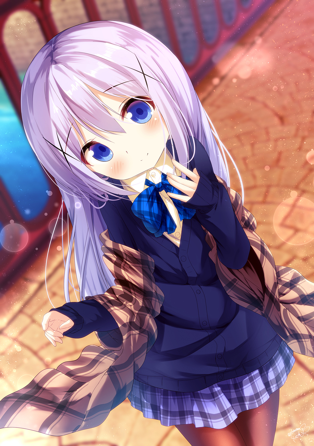 1girl bangs blue_bow blue_cardigan blue_eyes blue_skirt blurry blurry_background blush bow brown_legwear brown_shirt cardigan chinomaron closed_mouth collared_shirt commentary_request depth_of_field dress_shirt dutch_angle eyebrows_visible_through_hair gochuumon_wa_usagi_desu_ka? hair_between_eyes hair_ornament hand_up highres kafuu_chino long_hair long_sleeves pantyhose plaid plaid_bow plaid_skirt pleated_skirt purple_hair shirt signature skirt sleeves_past_wrists smile solo standing twitter_username very_long_hair x_hair_ornament