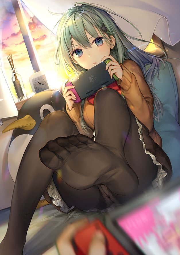 1girl aqua_hair bangs black_legwear blue_eyes blurry_foreground bow bowtie breasts clock crotch_seam curtains dutch_angle failure_penguin feet foot_up hair_ornament hairclip holding_handheld_game_console jacket kantai_collection kuon_michiyoshi lens_flare long_hair looking_at_viewer medium_breasts nintendo_switch panties panties_under_pantyhose pantyhose petticoat pillow pleated_skirt pout pov pov_hands red_neckwear sidelocks sitting skirt stuffed_animal stuffed_toy sunset suzuya_(kantai_collection) thighband_pantyhose underwear white_panties wind