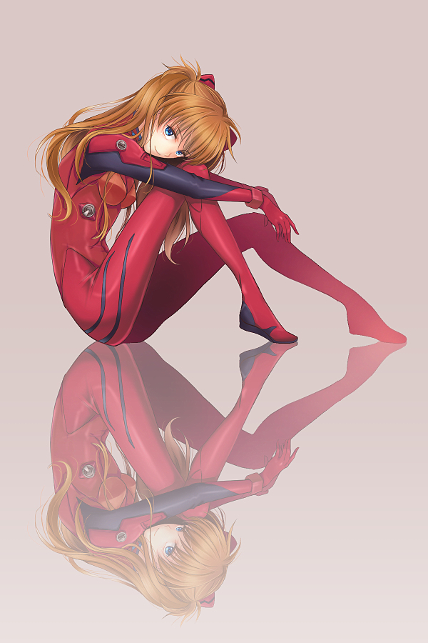 1girl blue_eyes bodysuit breasts brown_hair full_body grey_background hair_ornament long_hair looking_at_viewer mono_monom neon_genesis_evangelion plugsuit red_bodysuit reflection shiny shiny_clothes simple_background sitting small_breasts smile solo souryuu_asuka_langley