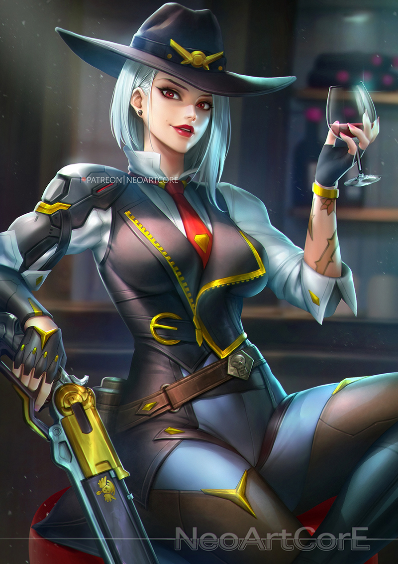 1girl artist_name ashe_(overwatch) bar_stool breasts cowboy_hat cup drinking_glass earrings fingerless_gloves gloves gun hat jewelry lipstick long_hair makeup medium_breasts nail_polish nudtawut_thongmai overwatch red_eyes rifle short_hair signature sitting solo stool thighs weapon white_hair wine_glass