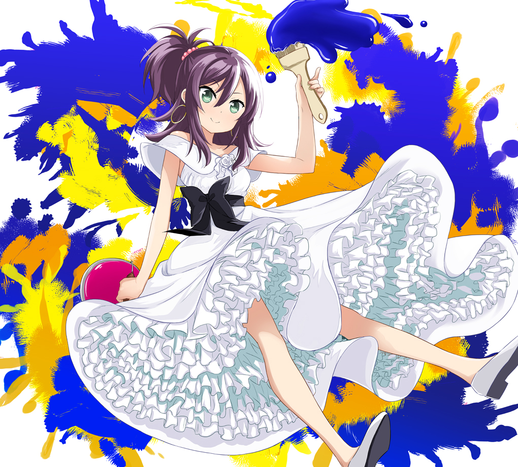 1girl abe_kanari alternate_costume dress earrings frilled_dress frills full_body green_eyes high_school_fleet hoop_earrings jewelry katsuta_satoko long_hair looking_at_viewer multicolored multicolored_background off-shoulder_dress off_shoulder paintbrush ponytail purple_hair smile solo white_dress white_footwear