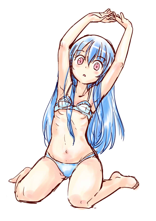 1girl armpit_crease armpits arms_up ass_visible_through_thighs bangs bare_arms bare_legs bare_shoulders barefoot blush bra collarbone_visible_through_hair commentary_request dot_nose eyebrows_visible_through_hair full_body hinanawi_tenshi hips interlocked_fingers leaning_to_the_side light_blue_hair long_hair looking_at_viewer navel nibi pale_color panties parted_lips petite red_eyes ribs simple_background sitting sketch solo straight_hair stretch touhou underwear underwear_only wariza white_background