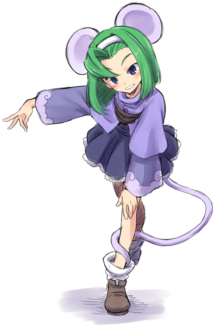 1girl animal_ears brave_fencer_musashiden capelet commentary_request dress full_body green_hair hairband mouse_ears mouse_girl mouse_tail purple_capelet samezamekoban shoes short_hair solo tail topo_(musashiden) violet_eyes