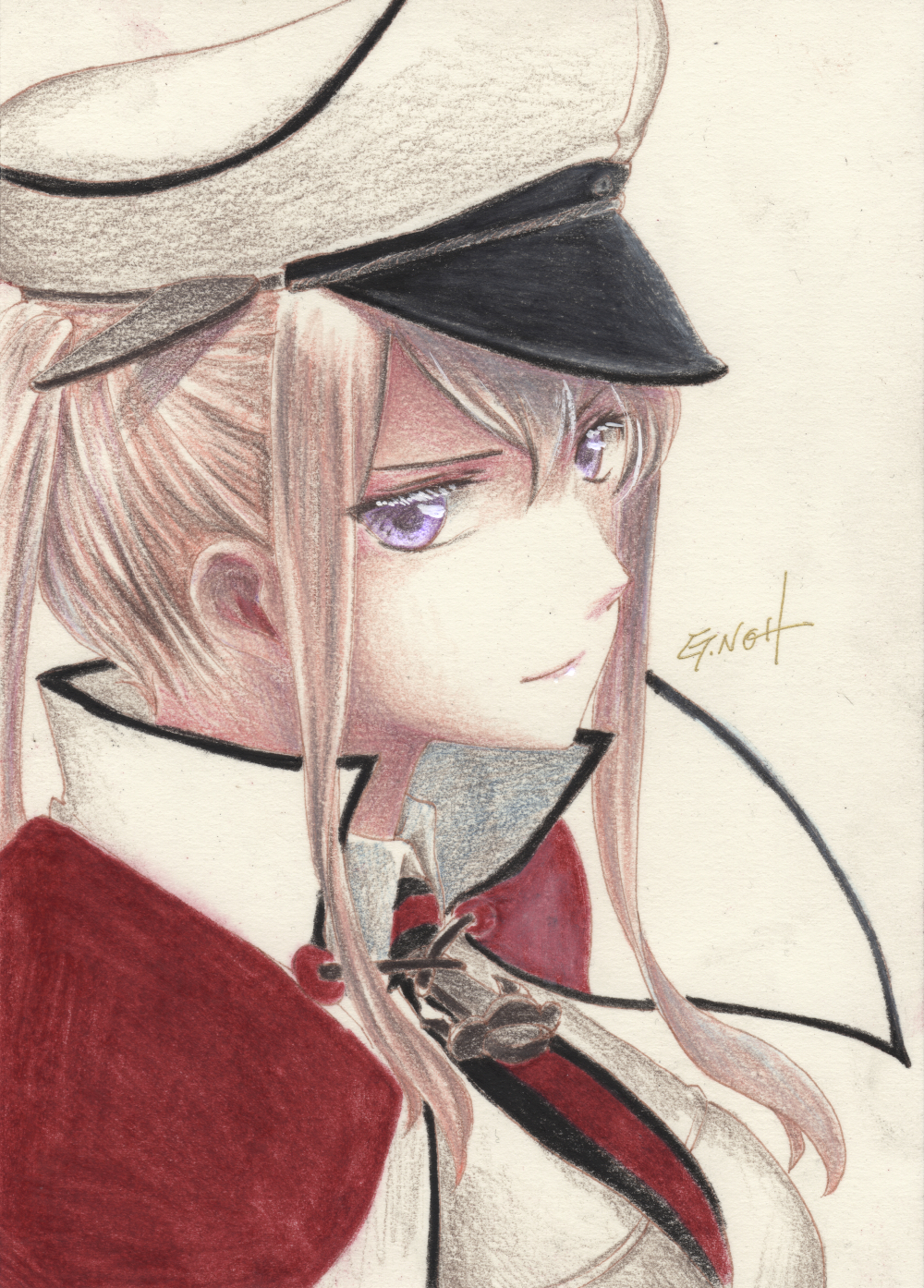 anchor beige_background blonde_hair breasts capelet celtic_knot commentary_request graf_zeppelin_(kantai_collection) hair_between_eyes hat high_ponytail highres jacket kantai_collection large_breasts military military_hat military_uniform millipen_(medium) necktie peaked_cap portrait sidelocks tesun_(g_noh) traditional_media twintails uniform violet_eyes watercolor_pencil_(medium) white_hat