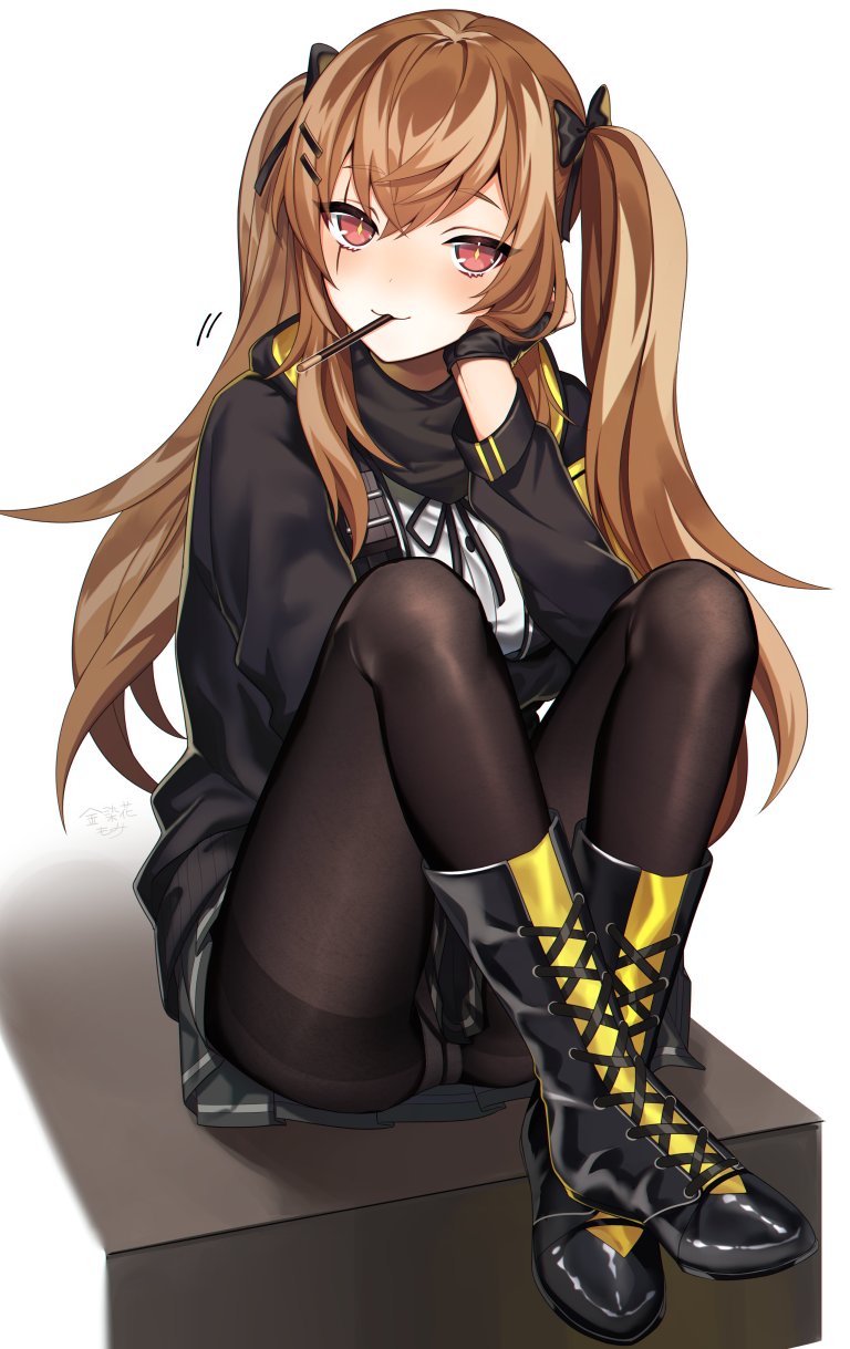 1girl bangs black_footwear blush breasts brown_hair cross-laced_footwear crossed_ankles crotch_seam fingerless_gloves food girls_frontline gloves hair_between_eyes hair_ornament hairclip hand_on_own_cheek highres hood hood_down hooded_jacket jacket kinsenka_momi long_hair looking_at_viewer medium_breasts panties panties_under_pantyhose pantyhose pocky pocky_kiss red_eyes ribbon scar scar_across_eye shared_food shirt sidelocks sitting skirt smile solo thighband_pantyhose twintails ump9_(girls_frontline) underwear white_panties white_shirt