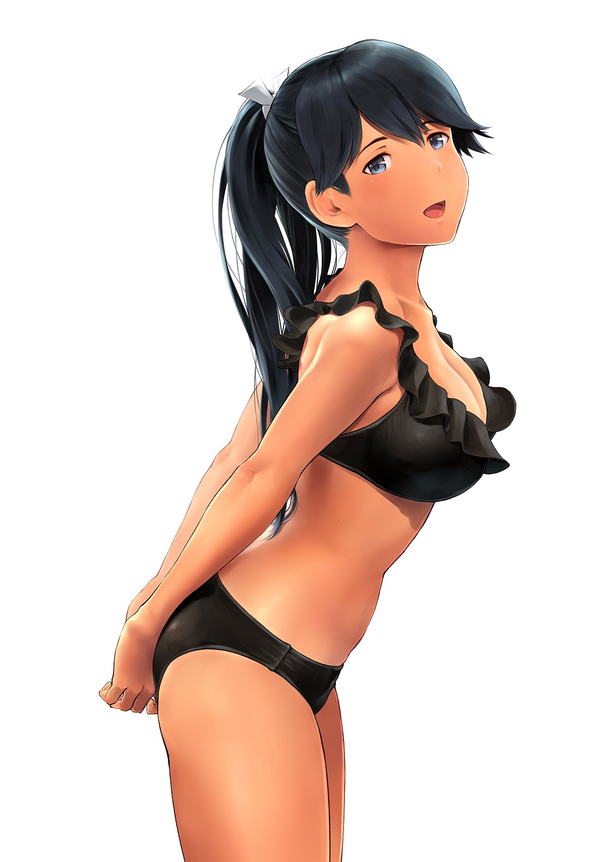 1girl alternate_costume bikini black_bikini black_hair blue_eyes blush breasts hair_ribbon highres houshou_(kantai_collection) kantai_collection large_breasts looking_at_viewer open_mouth ponytail ribbon simple_background solo swimsuit tan wa_(genryusui) white_background