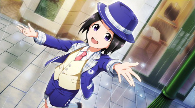 black_hair blue_eyes hat idolmaster idolmaster_side-m idolmaster_side-m_live_on_stage jacket okamura_nao short_hair smile