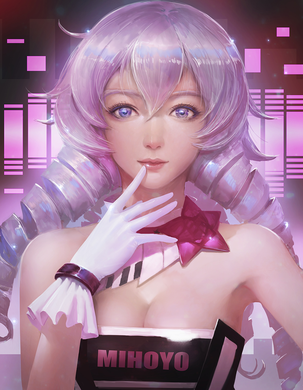 1girl ahoge alternate_costume bangs bare_shoulders blue_eyes blush breasts cleavage clothes_writing detached_collar drill_hair eyebrows_visible_through_hair gloves hair_between_eyes hand_up highres honkai_impact kaze_no_gyouja kiana_kaslana long_hair looking_at_viewer makeup medium_breasts parted_lips sidelocks silver_hair solo sparkle strapless tareme tubetop twin_drills upper_body very_long_hair white_gloves