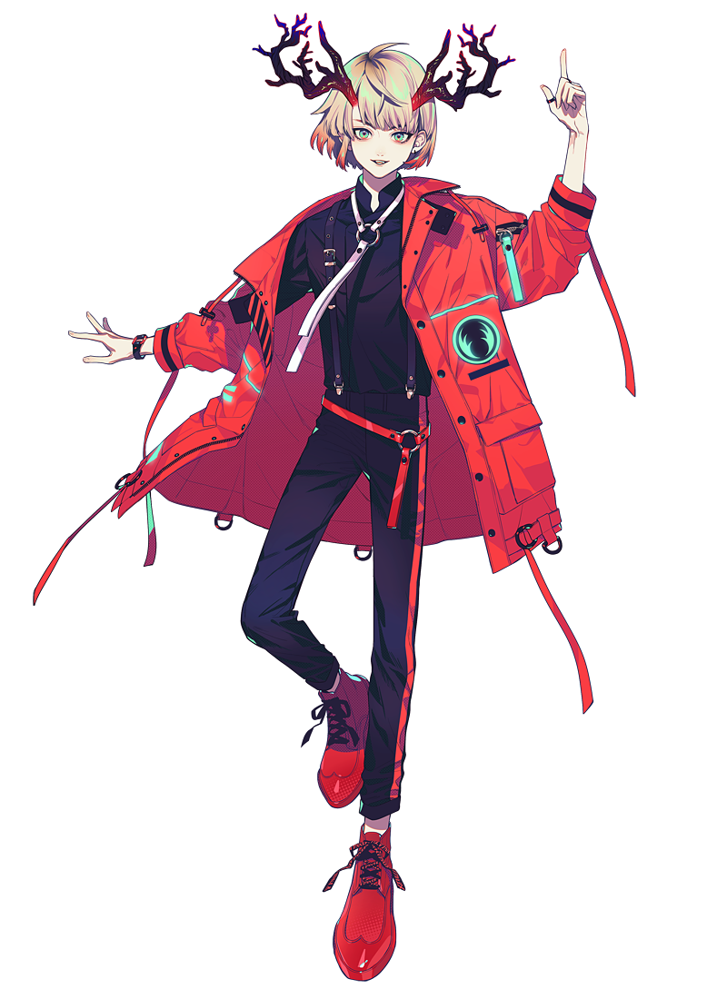 1boy :d akiakane antlers bangs belt black_pants black_shirt blonde_hair commentary_request gradient_hair green_eyes hand_up index_finger_raised jacket jewelry looking_at_viewer male_focus multicolored_hair open_clothes open_jacket open_mouth original pants red_footwear red_jacket ring shirt shoes simple_background smile solo standing standing_on_one_leg suspenders watch watch white_background