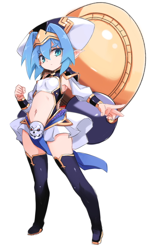 1girl armpit_cutout black_legwear blue_eyes blue_hair breasts full_body hat hellmatio karukan_(monjya) looking_at_viewer navel pelvic_curtain pointy_ears shinrabanshou short_hair simple_background small_breasts solo standing thigh-highs white_background