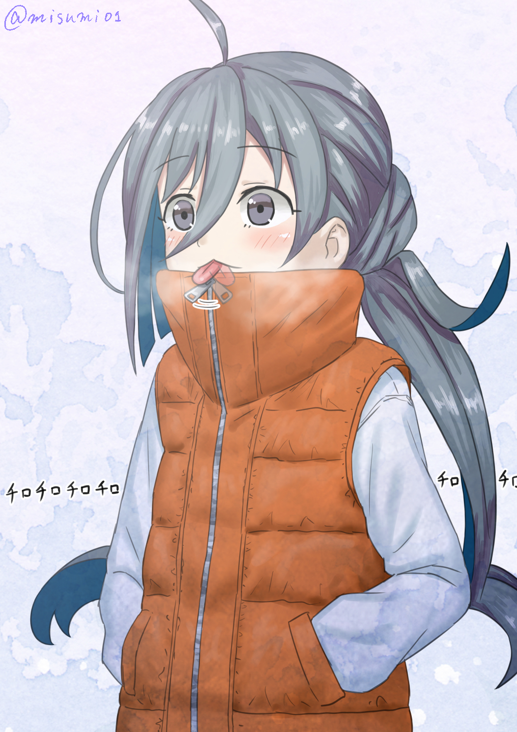 1girl :p ahoge alternate_costume coat eyebrows_visible_through_hair grey_eyes grey_hair hands_in_pockets highres kantai_collection kiyoshimo_(kantai_collection) licking low_twintails misumi_(niku-kyu) solo tongue tongue_out twintails twitter_username winter_clothes winter_coat zipper zipper_pull_tab