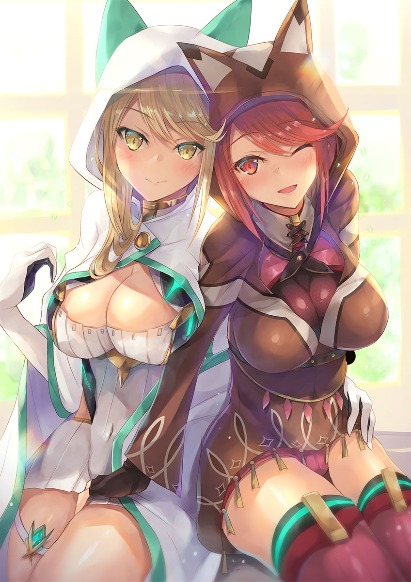 2girls animal_ears animal_hood backlighting bangs blonde_hair blurry breasts cat_hood cleavage cleavage_cutout closed_mouth commentary_request covered_navel cowboy_shot depth_of_field earrings eyebrows_visible_through_hair fingerless_gloves gem gloves hand_on_another's_leg highres mythra_(xenoblade) hinot pyra_(xenoblade) hood hood_up hooded_jacket indoors jacket jewelry large_breasts long_hair long_sleeves looking_at_viewer multiple_girls nintendo parted_lips red_eyes red_legwear redhead shiny shiny_skin short_hair shoulder_armor sitting smile sunlight swept_bangs thigh-highs thigh_strap thighs window xenoblade_(series) xenoblade_2 yellow_eyes