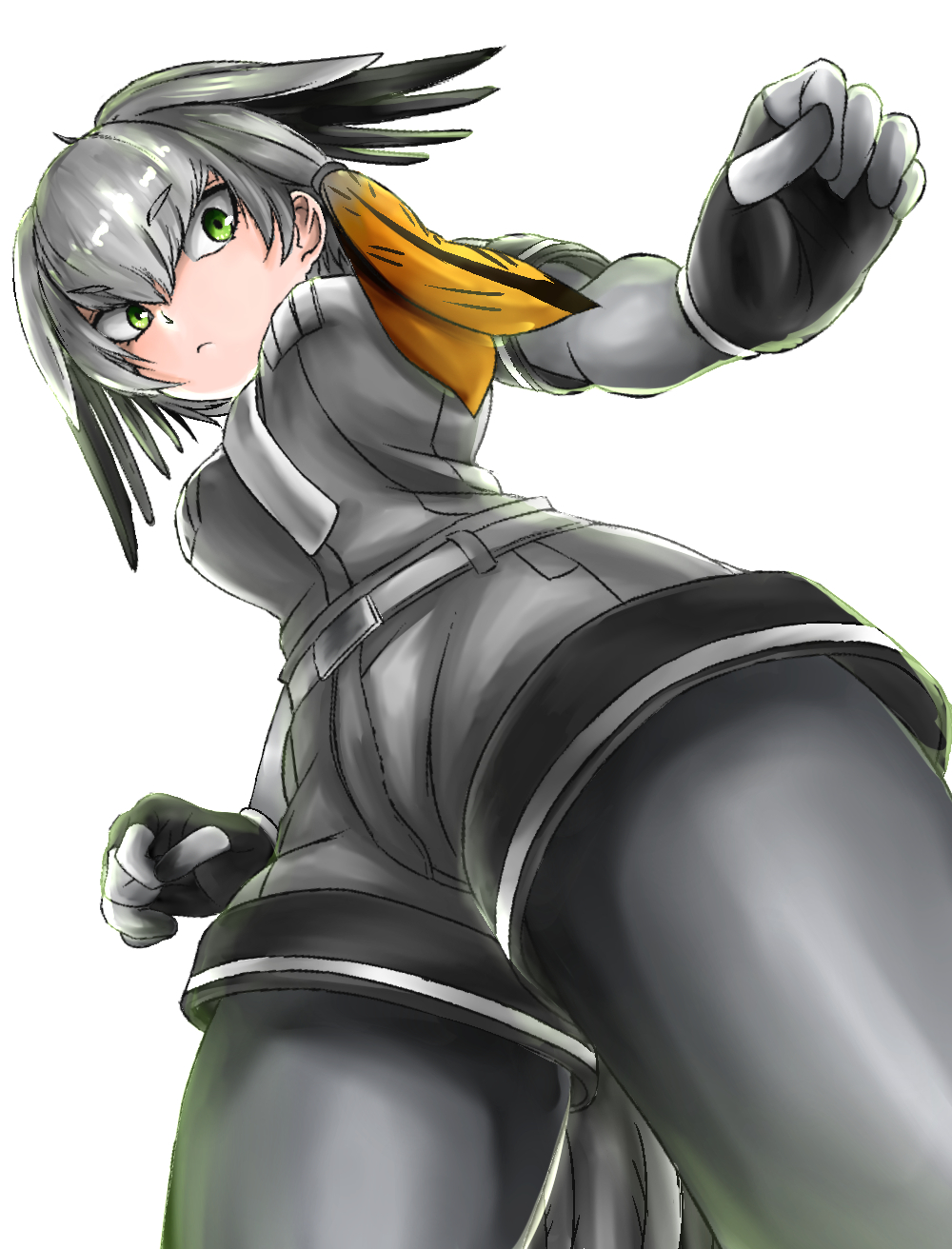 1girl akegata_tobari arms_at_sides bangs belt bird_tail black_gloves black_hair bodystocking breast_pocket breasts closed_mouth expressionless eyebrows_visible_through_hair fingerless_gloves foreshortening from_below gloves green_eyes grey_hair grey_neckwear grey_shirt grey_shorts hair_between_eyes highres kemono_friends long_hair long_sleeves looking_at_viewer looking_down low_ponytail medium_breasts multicolored_hair necktie orange_hair pocket shirt shoebill_(kemono_friends) short_over_long_sleeves short_sleeves shorts side_ponytail sidelocks simple_background solo standing tsurime upper_body upshorts white_background