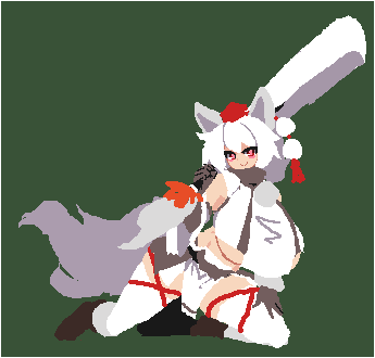 1girl animal_ears bangs closed_mouth commentary_request flat_color full_body green_background inubashiri_momiji looking_at_viewer lowres no_lineart pom_pom_(clothes) red_eyes simple_background smile solo tail takorin tassel touhou white_hair white_legwear wolf_ears wolf_girl wolf_tail