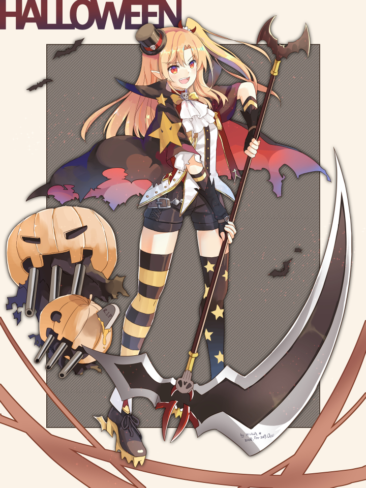 androgynous azur_lane bat blonde_hair breasts cape cleveland_(azur_lane) fang fangs halloween halloween_costume hat kkkula_(kula) mismatched_legwear one_side_up pointy_ears ponytail pumpkin red_eyes scythe small_breasts thigh-highs top_hat