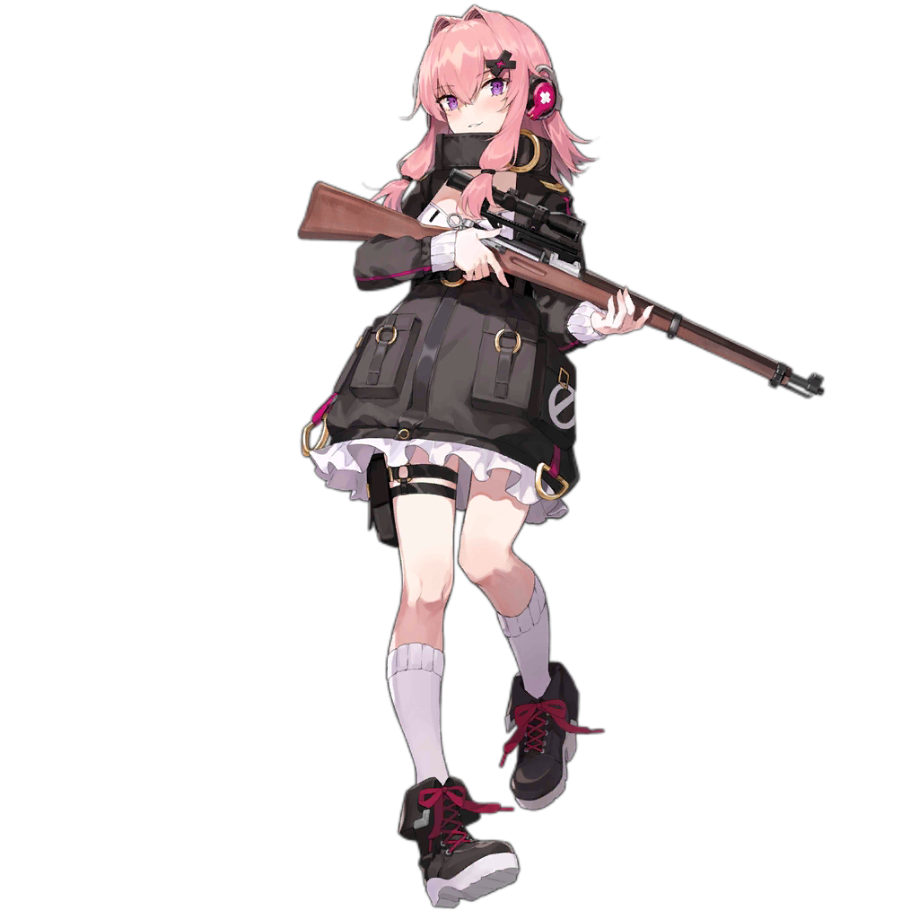 1girl aiko_(kanl) boots coat full_body girls_frontline gun hair_ornament hairclip headphones k31 k31_(girls_frontline) medium_hair official_art pink_hair rifle scope shadow sniper_rifle socks solo tactical_clothes transparent_background violet_eyes weapon