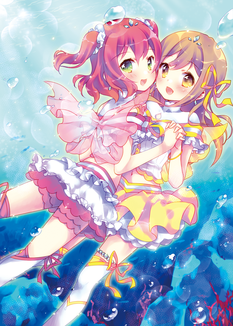 2girls :d air_bubble bangs blush brown_eyes brown_hair bubble commentary_request day earrings ech eyebrows_visible_through_hair frilled_shirt frills green_eyes hair_between_eyes hair_ornament hair_ribbon hair_scrunchie hand_holding interlocked_fingers jewelry koi_ni_naritai_aquarium kunikida_hanamaru kurosawa_ruby love_live! love_live!_sunshine!! midriff multiple_girls navel open_mouth outdoors pleated_skirt red_ribbon redhead ribbon scrunchie shirt sidelocks skirt smile thigh-highs two_side_up underwater water white_legwear white_scrunchie white_shirt white_skirt yellow_ribbon yellow_skirt