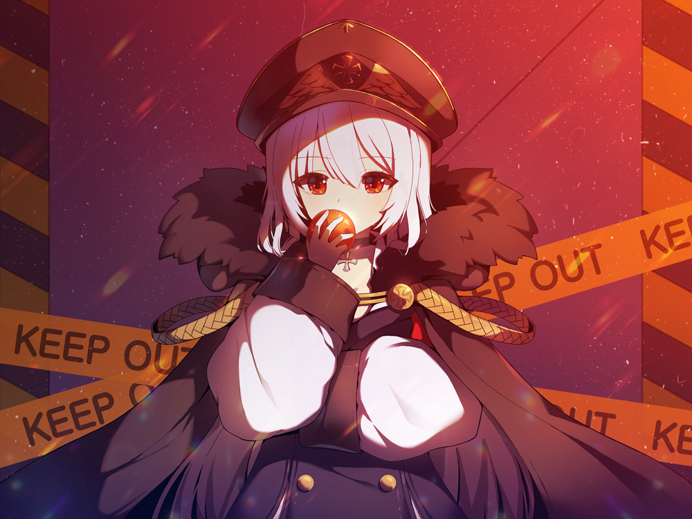 1girl bangs bolt_action caution_tape eyebrows_visible_through_hair fur_collar fur_trim girls_frontline hair_between_eyes hat holding kar98k_(girls_frontline) keep_out long_hair long_sleeves looking_at_viewer mauser_98 red_eyes solo tp_(kido_94) very_long_hair weapon