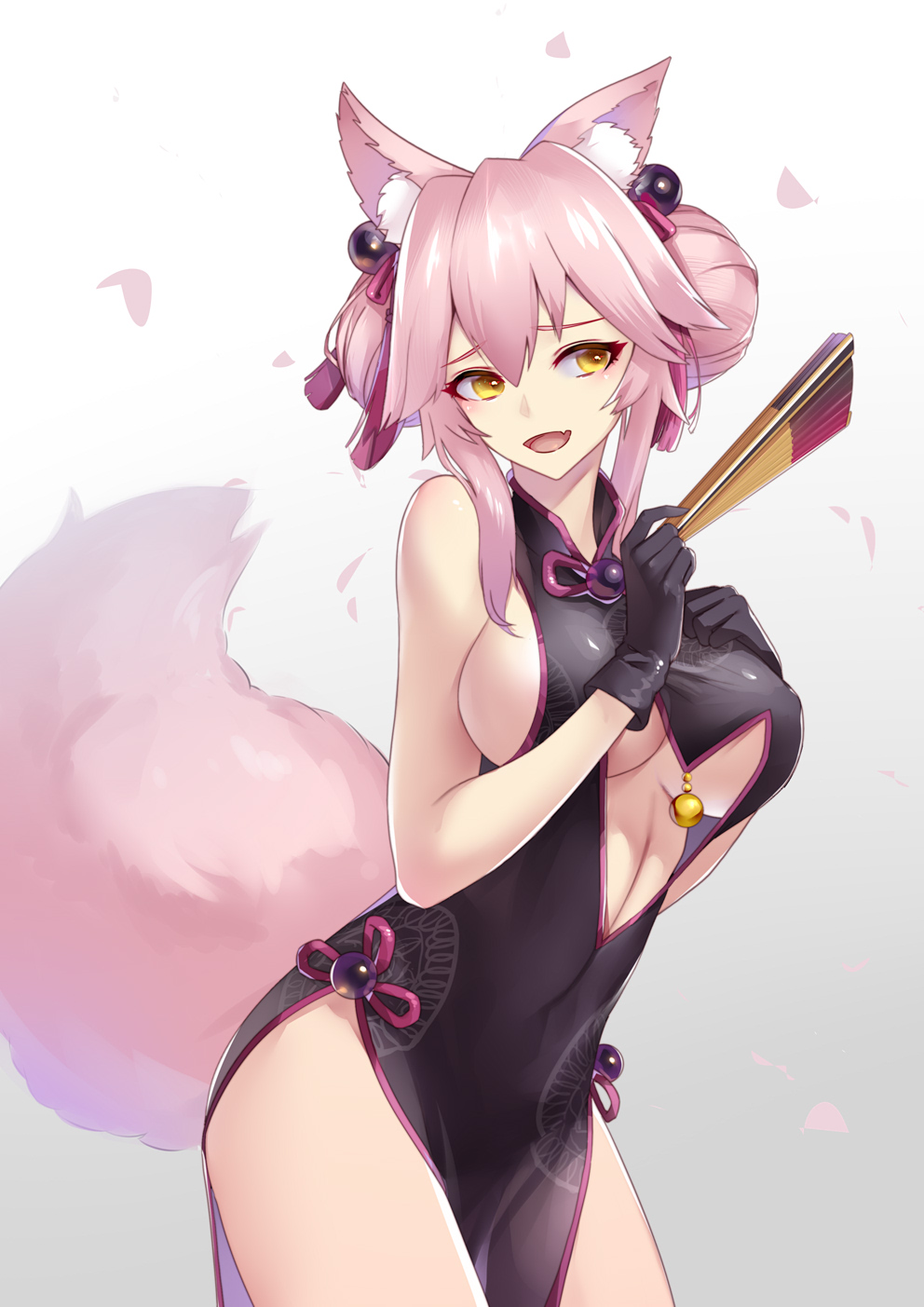 1girl animal_ear_fluff animal_ears bangs bare_shoulders bell black_dress black_gloves blush breasts center_opening china_dress chinese_clothes dress fan fate/grand_order fate_(series) folding_fan fox_ears fox_girl fox_tail gloves hair_between_eyes hand_on_own_chest highres hips jingle_bell koyanskaya large_breasts liu_lan long_hair looking_to_the_side open_mouth pink_hair sideboob sidelocks smile solo tail tassel thighs tied_hair under_boob white_background yellow_eyes