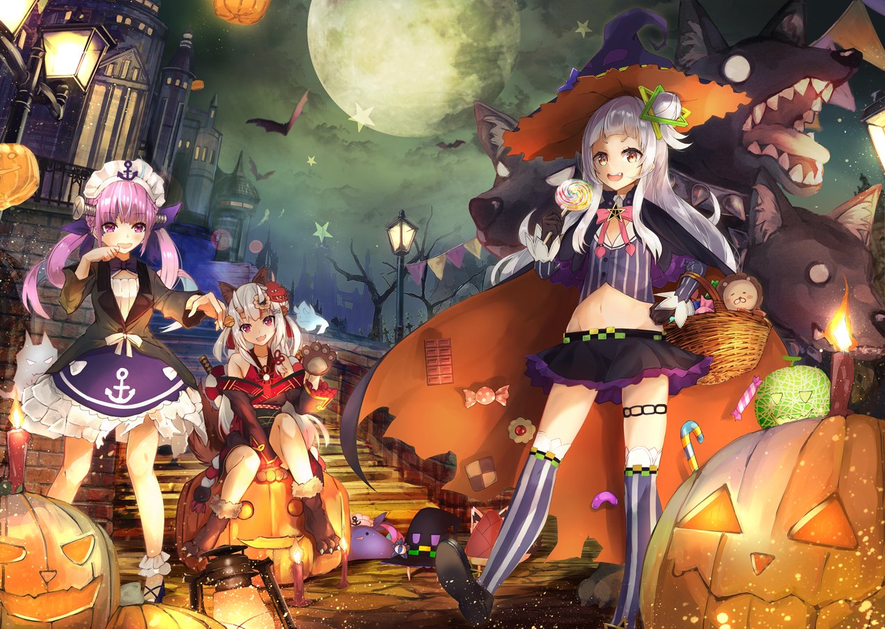 3girls adapted_costume anchor_symbol basket bat candle candy capelet castle crop_top fang food full_body full_moon gloves hair_bun hair_ornament halloween hat hololive horns jack-o'-lantern konkito lamppost lavender_hair lollipop long_hair looking_at_viewer maid_headdress midriff minato_aqua moon multiple_girls murasaki_shion nakiri_ayame navel oni_mask open_mouth paws purple_hair red_eyes star thigh-highs tree weapon witch_hat