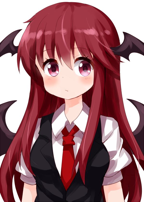 1girl :/ bangs black_vest blush breasts collared_shirt commentary_request demon_wings dress_shirt eyebrows_visible_through_hair hair_between_eyes head_wings koakuma long_hair looking_at_viewer medium_breasts necktie puffy_short_sleeves puffy_sleeves red_eyes red_neckwear redhead ruu_(tksymkw) shirt short_sleeves sidelocks simple_background solo touhou upper_body vest white_background white_shirt wings