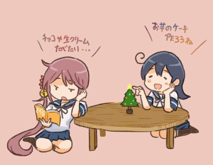 2girls ahoge akebono_(kantai_collection) bell black_hair book christmas_tree closed_eyes comic commentary_request flower hair_bell hair_flower hair_ornament hand_on_own_chin holding holding_book kantai_collection long_hair multiple_girls open_mouth otoufu pleated_skirt purple_hair reading school_uniform serafuku short_sleeves side_ponytail skirt smile table translation_request ushio_(kantai_collection)