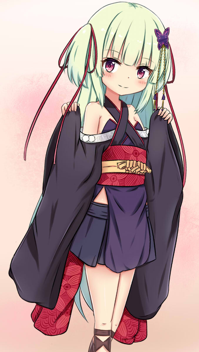 1girl bangs bare_shoulders black_skirt blush brown_background closed_mouth commentary_request eyebrows_visible_through_hair green_hair hands_up japanese_clothes jiu_(sdesd3205) kimono long_hair long_sleeves murasame_(senren) obi pinching_sleeves pleated_skirt purple_kimono red_eyes sash senren_banka simple_background skirt smile solo speech_bubble two_side_up very_long_hair wide_sleeves