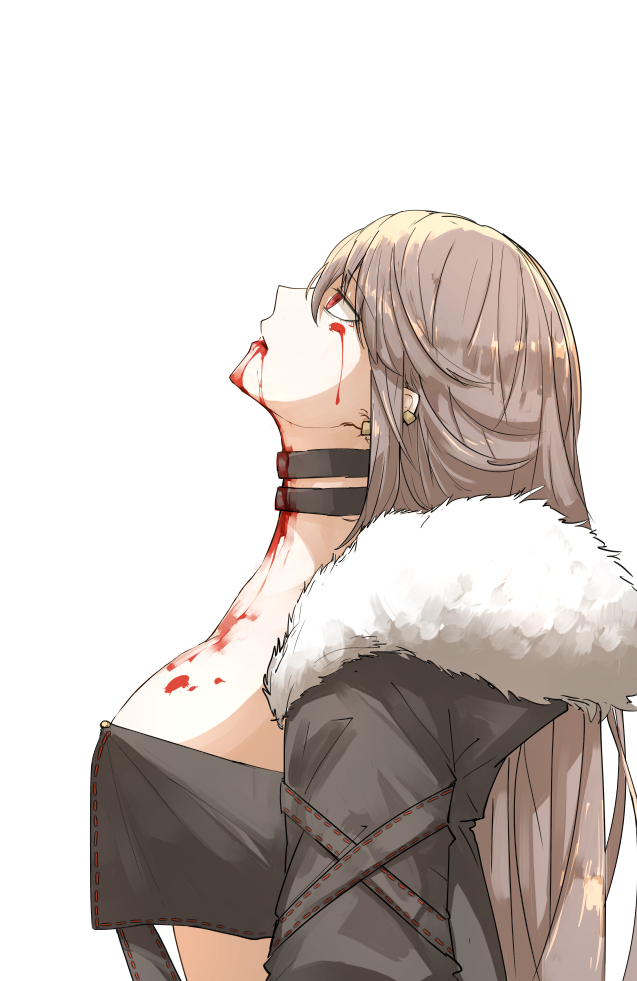 1girl blood blood_from_mouth blood_on_face brown_hair choker consort_yu_(fate) ear_piercing fate/grand_order fate_(series) fur_collar kan_(aaaaari35) looking_up piercing profile red_eyes