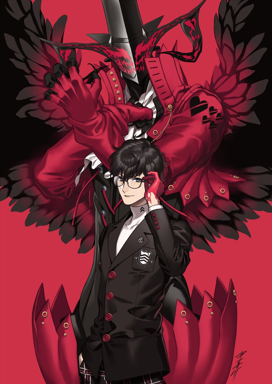 1boy amamiya_ren arsene_(persona_5) black_hair curly_hair glasses hat highres looking_at_viewer male_focus mask nintendo persona persona_5 school_uniform short_hair smile solo sora_yoshitake_yuda top_hat wings