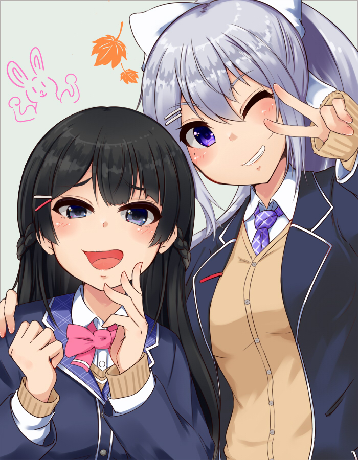 2girls arm_up arms_up autumn_leaves banana_(hirane1988) bangs black_hair blazer blue_background blue_eyes blue_jacket blue_neckwear blush bow bowtie braid checkered checkered_neckwear clenched_hand commentary_request fingers_to_chin french_braid grin hair_bow hand_on_another's_shoulder head_tilt higuchi_kaede jacket light_blue_hair long_hair long_sleeves looking_at_viewer multiple_girls necktie nijisanji one_eye_closed open_blazer open_clothes open_jacket pink_neckwear ponytail school_uniform shirt side-by-side simple_background smile sweater_vest tsukino_mito upper_teeth v_over_eye very_long_hair white_shirt wing_collar