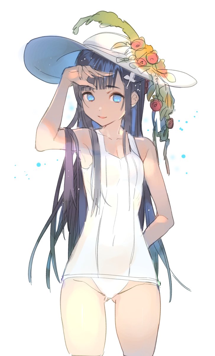 1girl arm_behind_back ass_visible_through_thighs bangs blue_eyes blunt_bangs commentary_request covered_navel cowboy_shot eyebrows_visible_through_hair flower hair_ornament hand_up hat hat_flower highres koyoi_mitsuki long_hair looking_at_viewer one-piece_swimsuit original parted_lips sketch smile solo standing sun_hat swimsuit white_background white_hat white_swimsuit