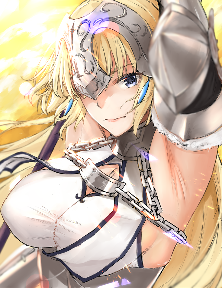 1girl armor armored_dress armpits arms_up bangs blonde_hair blue_eyes breasts chains closed_mouth eyebrows_visible_through_hair fate/grand_order fate_(series) gauntlets headpiece jeanne_d'arc_(fate) jeanne_d'arc_(fate)_(all) kitagawa_onitarou large_breasts long_hair looking_at_viewer solo upper_body
