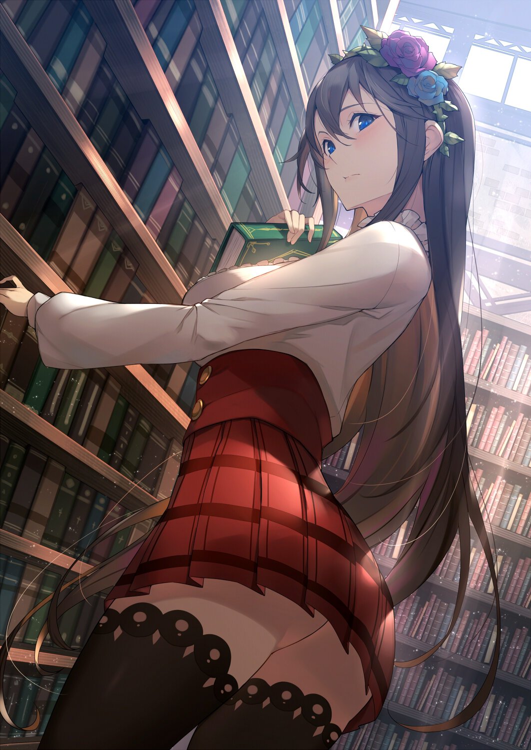 1girl bangs black_legwear blue_eyes blush book breasts brown_hair dutch_angle eyebrows_visible_through_hair flower frills from_side granblue_fantasy hair_between_eyes hair_flower hair_ornament hairband high-waist_skirt highres holding holding_book kakage large_breasts library light_particles loafers long_hair long_sleeves looking_at_viewer looking_back plaid plaid_skirt pleated_skirt ribbon rosetta_(granblue_fantasy) shoes sidelocks skirt solo thigh-highs very_long_hair zettai_ryouiki