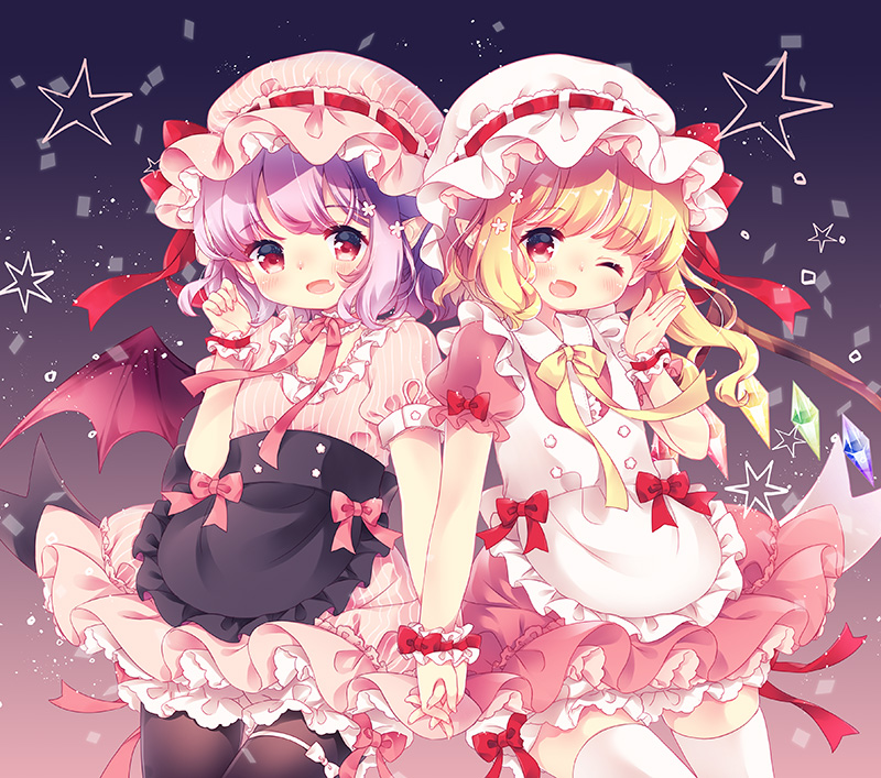 2girls ;d alternate_costume aogiri_sei apron arm_up bangs black_legwear blonde_hair bloomers blouse commentary_request contrapposto cowboy_shot curled_fingers enmaided fang flandre_scarlet flower gradient gradient_background hair_flower hair_ornament hand_holding hat hat_ribbon interlocked_fingers lavender_hair light_particles looking_at_viewer maid mob_cap multiple_girls one_eye_closed open_hand open_mouth pantyhose petticoat pink_blouse pink_neckwear pink_ribbon pink_skirt pointy_ears puffy_short_sleeves puffy_sleeves red_eyes remilia_scarlet ribbon short_hair short_sleeves siblings side_ponytail sisters skirt smile star striped striped_blouse striped_hat striped_skirt thigh-highs touhou underwear waist_apron white_legwear wrist_cuffs yellow_neckwear yellow_ribbon
