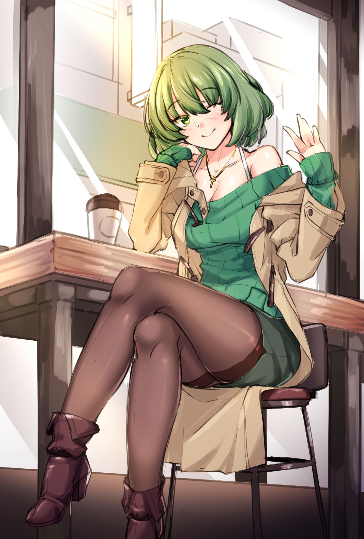 1girl bare_shoulders black_legwear blush breasts casual chair collarbone commentary_request duffel_coat elbow_rest from_below full_body green_eyes green_hair green_sweater highres idolmaster idolmaster_cinderella_girls indoors legs_crossed looking_at_viewer medium_breasts miniskirt mole mole_under_eye off-shoulder_sweater off_shoulder one_eye_closed pantyhose pencil_skirt ribbed_sweater shirokuma_a short_hair sitting skirt sleeves_past_wrists smile solo sweater table takagaki_kaede thighband_pantyhose window