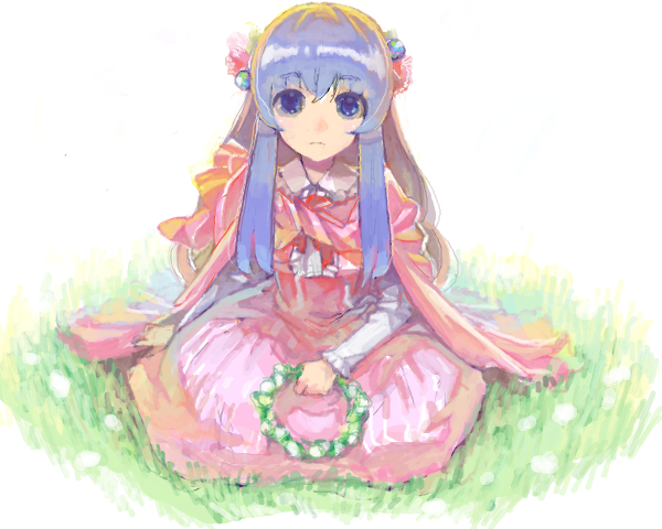 1girl bangs closed_mouth copyright_request day full_body holding holding_wreath lavender_hair long_hair long_sleeves looking_at_viewer on_grass outdoors shiny shiny_hair solo wreath